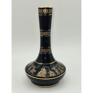 Greek Porcelain Vase Black Gold 24K Gilt Classical Greek Scene Hand Made Greece